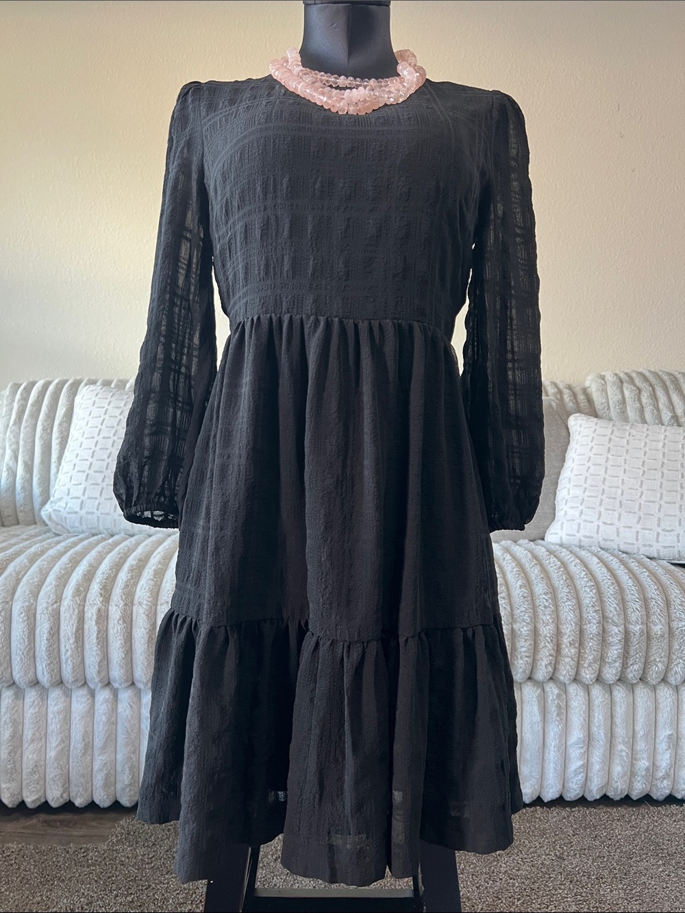 Madewell Black Long-Sleeve Tiered Midi Dress